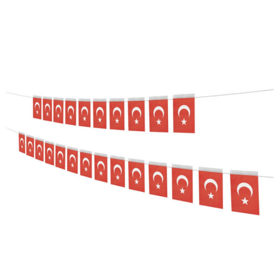 Toptan ipli ay yıldızlı bayrak orta boy: 4,5 metrelik ipe dizili 50 adet 8x12 cm kağıt Türk bayrağı, iki sıra halinde