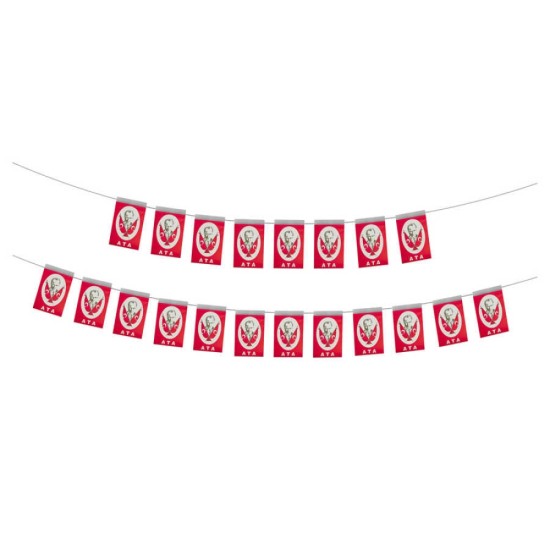 Toptan ipli Atatürk baskılı bayrak mini boy: 3,5 metrelik ipe dizili 50 adet 6x10 cm ATA baskılı kağıt bayrak