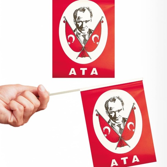 Toptan Atatürk baskılı çıtalı bayrak 24 cm: 12x20 cm ATA baskılı kağıt bayrak, plastik çıtasıyla elde tutulurken