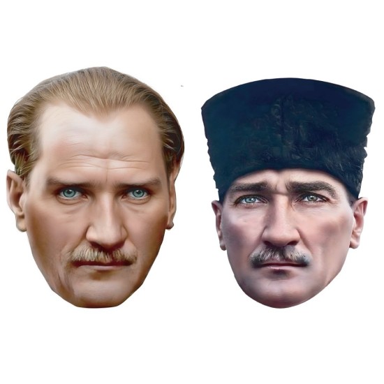 Toptan Atatürk maske seti: klasik portre ve kalpaklı portre olmak üzere 2 adet baskılı kağıt maske