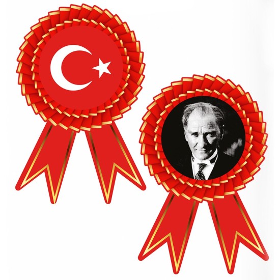 Toptan milli bayramlar çelenk kapı süsü: 30x47 cm ay yıldız rozetli ve Atatürk portreli kırmızı karton çelenk
