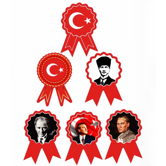 Toptan milli bayramlar yaka kartı: 6,8x10,6 cm ay yıldız ve Atatürk portreli kokart formunda karton rozetler