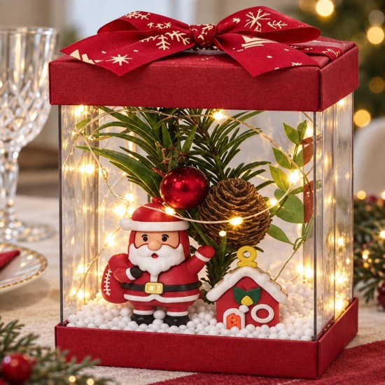 Işıklı yılbaşı küresi şeffaf asetat kutuda bir masa üzerinde; içinde Noel Baba figürü, kozalak, çam dalı ve ince telli ışık dizisi, kapağında kırmızı fiyonk