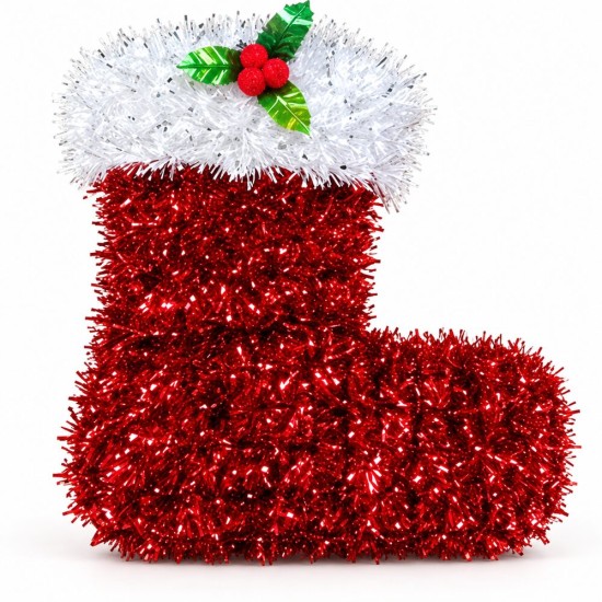 Büyük boy kırmızı tel noel çizmesi; bilek kısmını çevreleyen beyaz sim manşet, üzerinde yeşil çoban püskülü yaprakları ve kırmızı meyve detayı