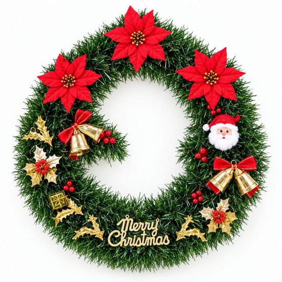 Süslü yapay çam çelengi beyaz zemin üzerinde; yoğun yeşil halka üzerinde kırmızı çiçekler, altın çanlar, kurdele fiyonk, Merry Christmas yazısı ve Noel Baba yüzü