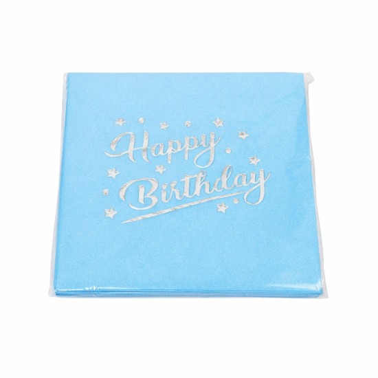 Toptan Mavi Gümüş Yaldızlı Happy Bırthday Peçete (16 Adet)