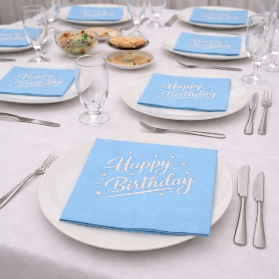 Toptan Mavi Gümüş Yaldızlı Happy Bırthday Peçete (16 Adet)