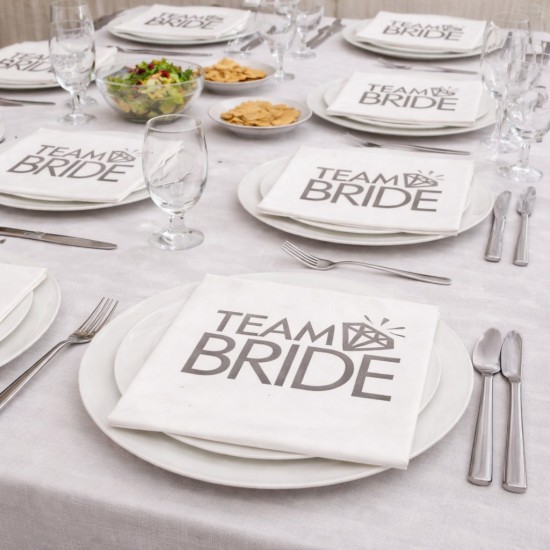 Toptan Team Bride Yüzüklü Beyaz Gümüş Varaklı Peçete (16 Adet)