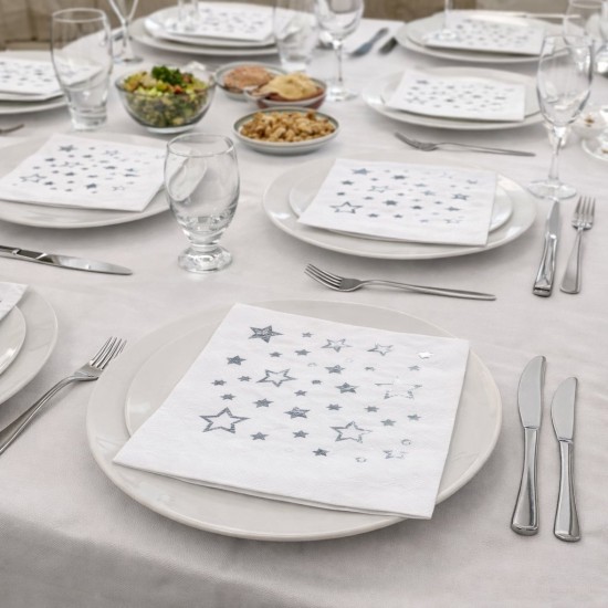 Toptan Beyaz Gümüş Yıldızlı Varaklı Peçete (16 Adet)