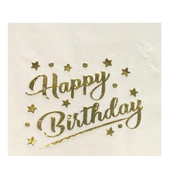 Toptan Happy Birthday Beyaz Gold Varaklı Peçete(16Adet)