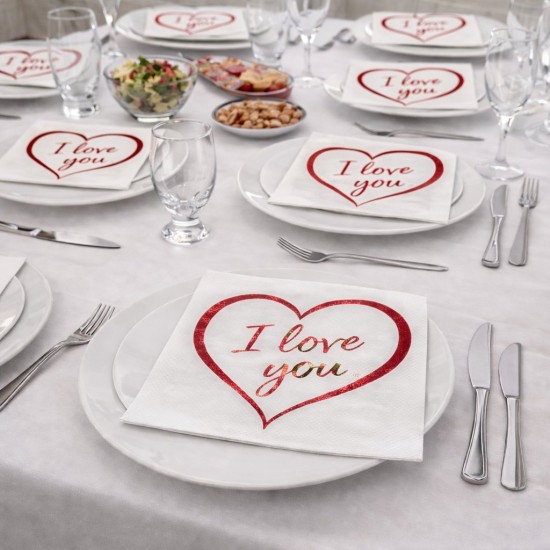 Toptan I Love You Baskılı Varaklı Kırmızı Peçete (16Adet)