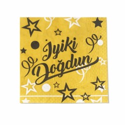 Toptan Altın Siyah İyi Ki Doğdun Yıldızlı Peçete (16 Adet)