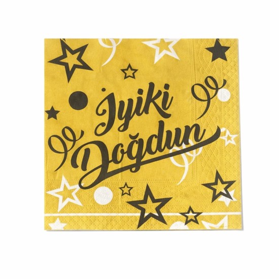 Toptan Altın Siyah İyi Ki Doğdun Yıldızlı Peçete (16 Adet)