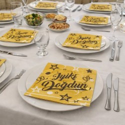 Toptan Altın Siyah İyi Ki Doğdun Yıldızlı Peçete (16 Adet)