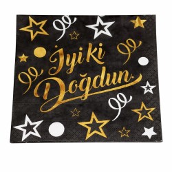 Toptan Siyah Altın İyi Ki Doğdun Yıldızlı Peçete (16 Adet)