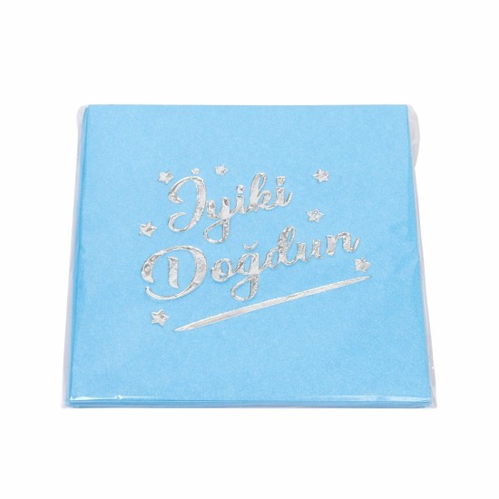 Toptan Mavi Gümüş Yaldızlı İyi Ki Doğdun Peçete (16 Adet)