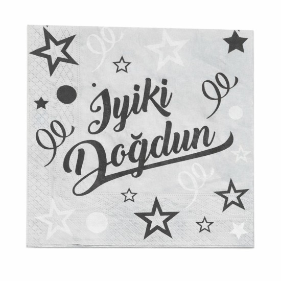 Toptan Gümüş Siyah İyi Ki Doğdun Peçete(16 Adet)