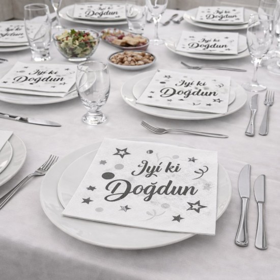 Toptan Gümüş Siyah İyi Ki Doğdun Peçete(16 Adet)