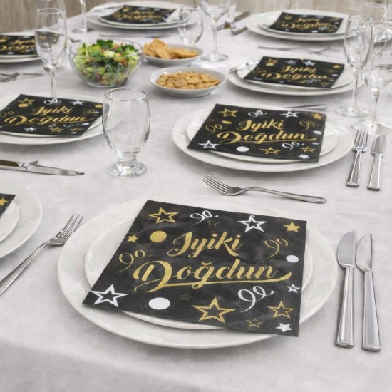 Toptan Siyah Altın İyi Ki Doğdun Yıldızlı Peçete (16 Adet)