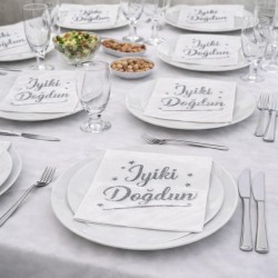 Toptan İyiki Doğdun Beyaz Gümüş Varaklı Peçete (16 Adet) Toptan İyiki Doğdun Beyaz Gümüş Varaklı Peçete (16 Adet)