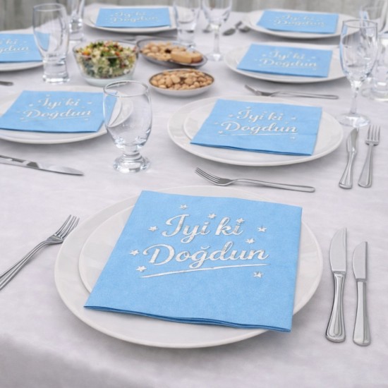 Toptan Mavi Gümüş Yaldızlı İyi Ki Doğdun Peçete (16 Adet)