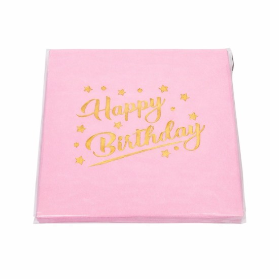 Toptan Pembe Altın Yaldızlı Happy Bırthday Peçete (16 Adet)