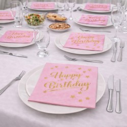 Toptan Pembe Altın Yaldızlı Happy Bırthday Peçete (16 Adet)