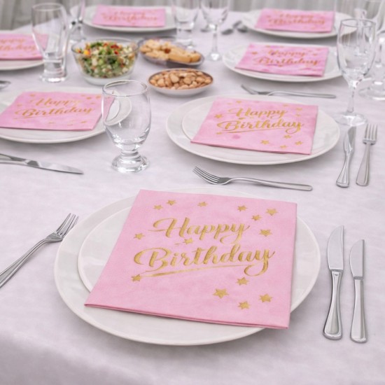 Toptan Pembe Altın Yaldızlı Happy Bırthday Peçete (16 Adet)