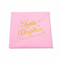 Toptan Pembe Altın Yaldızlı İyi Ki Doğdun Peçete (16 Adet)
