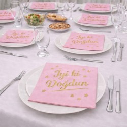 Toptan Pembe Altın Yaldızlı İyi Ki Doğdun Peçete (16 Adet)