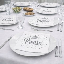 Toptan Prenses Baskılı Varak Yaldızlı Peçete Gümüş (16 Adet)