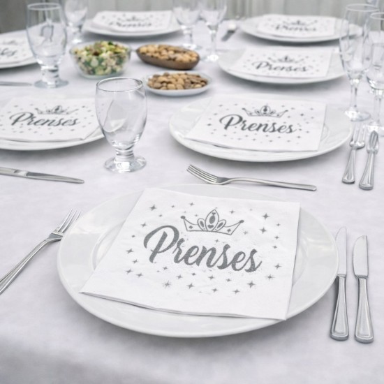 Toptan Prenses Baskılı Varak Yaldızlı Peçete Gümüş (16 Adet)