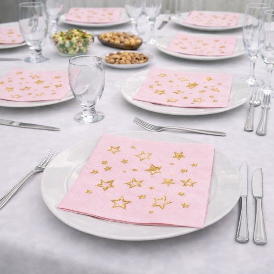 Toptan Pembe Altın Yaldızlı Yıldızlar Peçete (16 Adet)