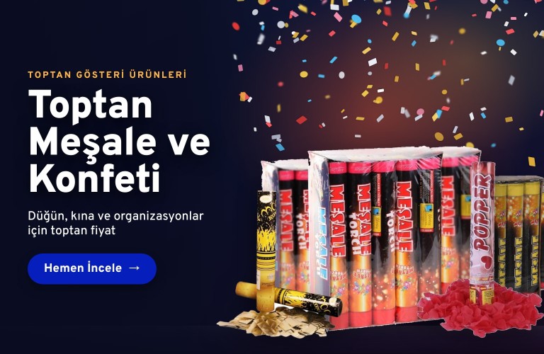 Toptan meşale ve konfeti: kırmızı ve sarı meşale kutuları, altın konfeti topu ve kalpli konfeti topu, üstte renkli konfeti yağmuru