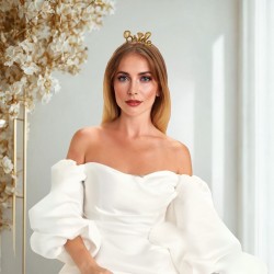 Toptan Bride Yüzüklü Metal Taç Gold Altın