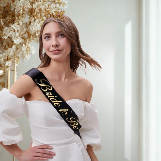 Toptan Bride To Be Kuşak ve Taç Set Siyah Altın