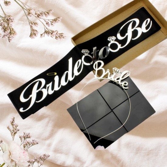 Toptan Bride To Be Kuşak ve Taç Set Siyah Gümüş