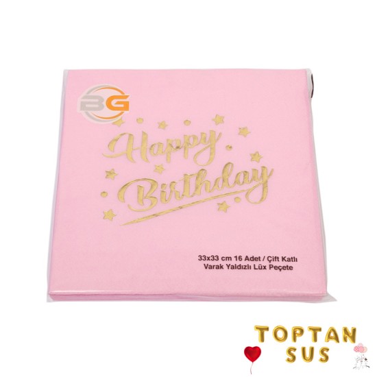 Toptan Pembe Altın Yaldızlı Happy Bırthday Peçete