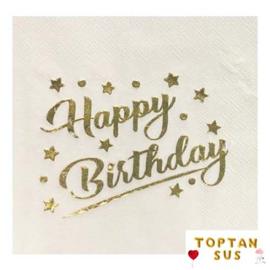 Toptan Happy Birthday Beyaz Gold Varaklı Peçete