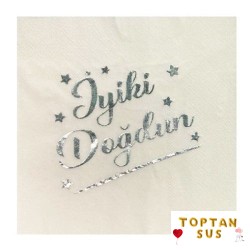 Toptan İyiki Doğdun Beyaz Gümüş Varaklı Peçete