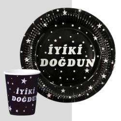 Toptan Siyah Gümüş İyiki Doğdun Karton Tabak Bardak