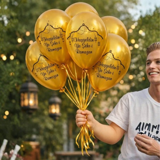 Metalik Gold Ramazan Baskılı Balon (100 Adet) - Toptan