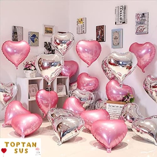 Toptan Pembe Metalik Folyo Kalp Balon (45 cm)