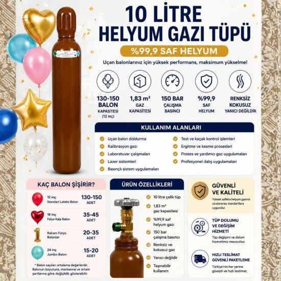10 Litre Helyum Gazı Tüpü (%99,9 Saflık) | 130-150 Balon Kapasitesi 10 Litre Helyum Gazı Tüpü (%99,9 Saflık) | 130-150 Balon Kapasitesi