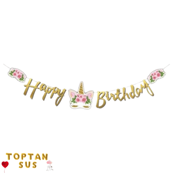 Unicorn Happy Bırhtday Çiçekli Kaligrafi Banner