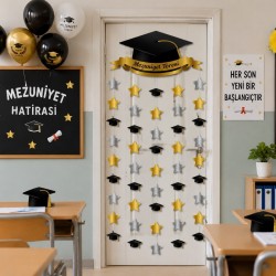 Mezuniyet Duvar Fonu Süs Seti Kep ve Yıldız Zincirli 140 cm