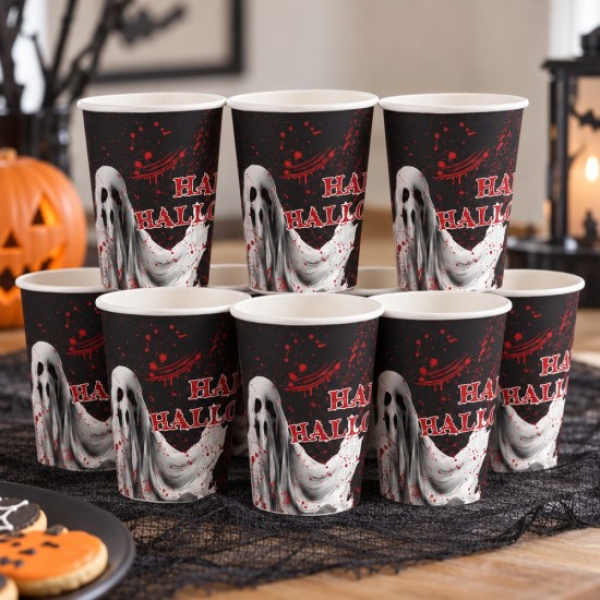 Toptan Halloween Karton Bardak Kanlı Hayalet Desenli, 8 Adet