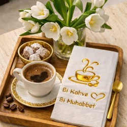 Bi Kahve Bi Muhabbet Yaldızlı Peçete (12 Adet) - Toptan