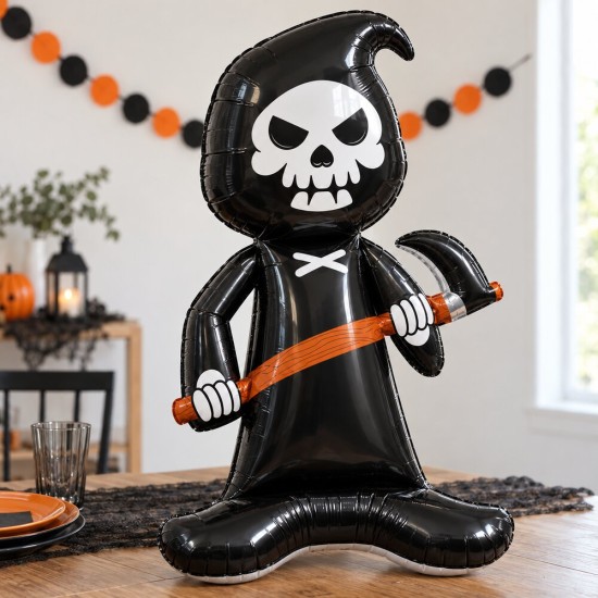 Toptan Halloween Ayaklı Oraklı İskelet Balon Siyah 154 cm