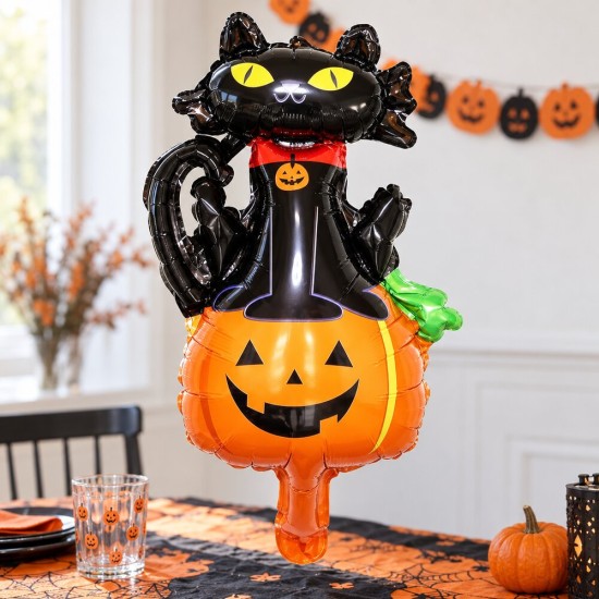 Toptan Halloween Kedili Balkabağı Folyo Balon 97 cm